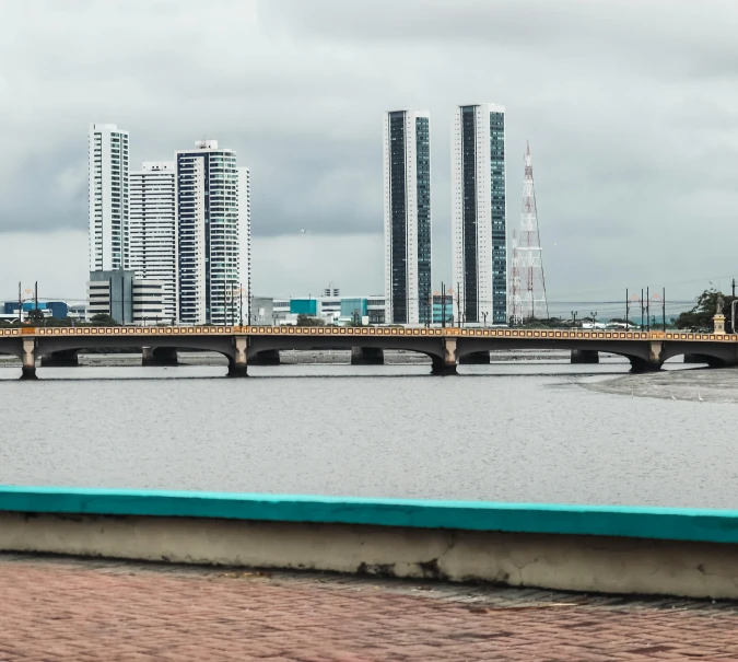 a bridge is crossing a river with tall buildings