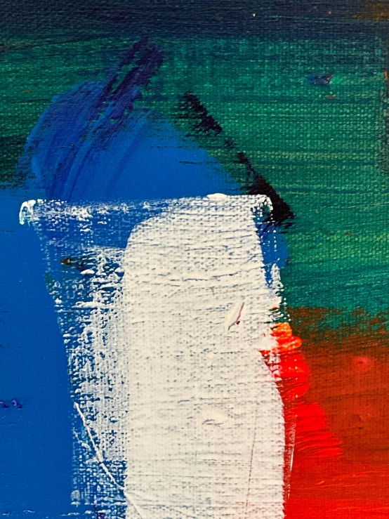 a painting with lots of paint and various colors of blue, white, orange and green