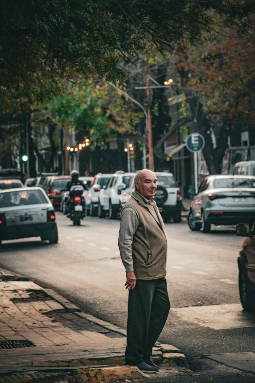 an elderly man standing at the side of the road