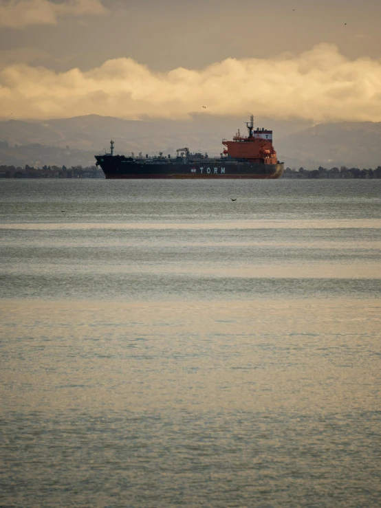 large cargo ship sailing in the ocean on cloudy day