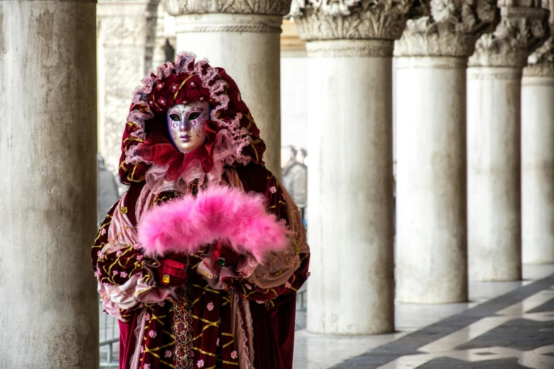 a woman in a very elaborate costume in front of pillars