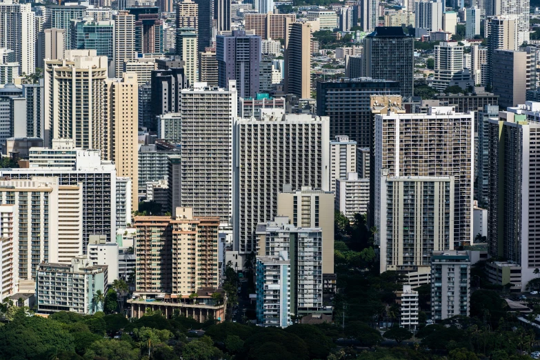 a city skyline is shown with tall buildings