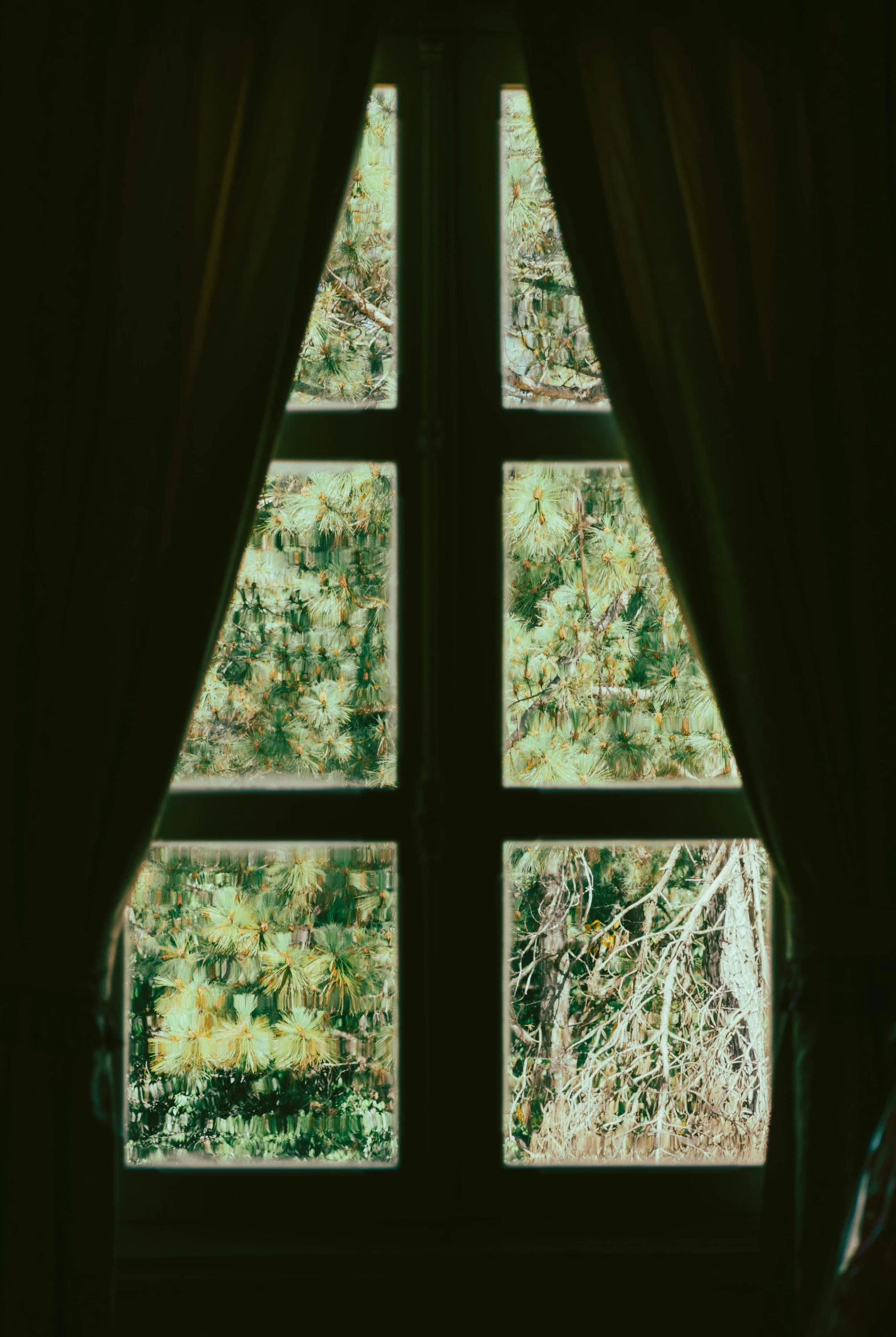 a window with two panels that look like a forest outside of it