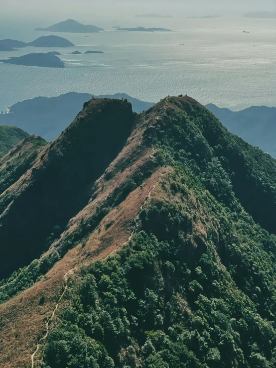 a mountain with some trees on top with the sea in the background