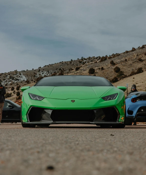 people on a hill side looking at two green sports cars