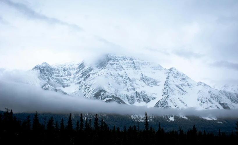 a large mountain sitting under clouds and a forest