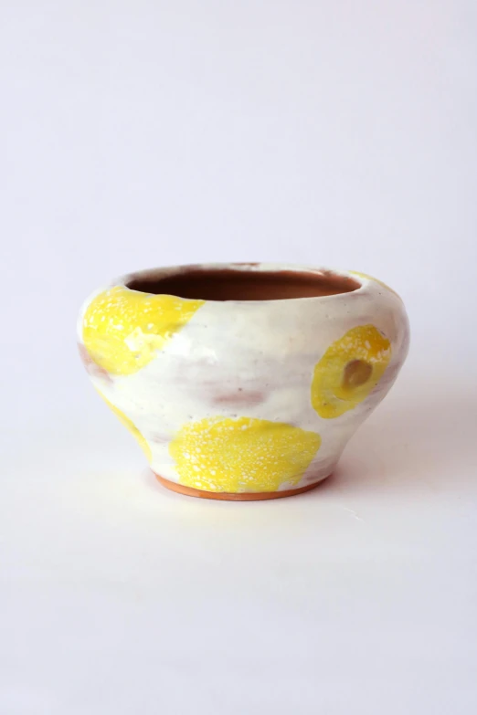 a bowl is painted with yellow spots
