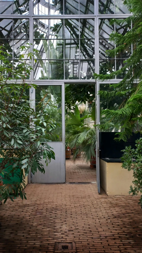 a large metal framed building with green plants