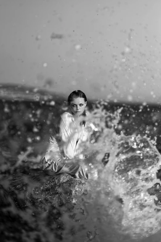 an old po of a young woman sitting in the ocean