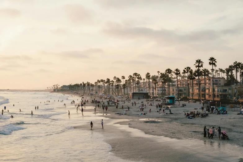 several people are playing on the beach at sunset