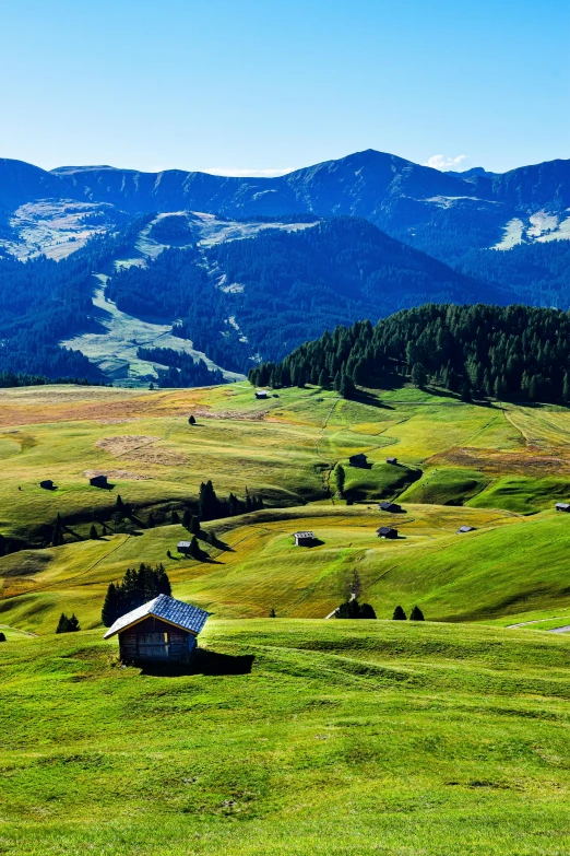 the mountains surrounding the farm houses are covered with lush green grass