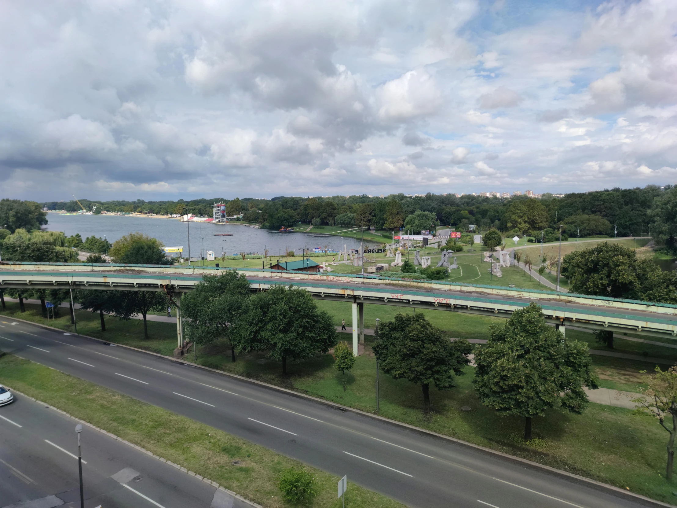 there is a view from high up on a bridge