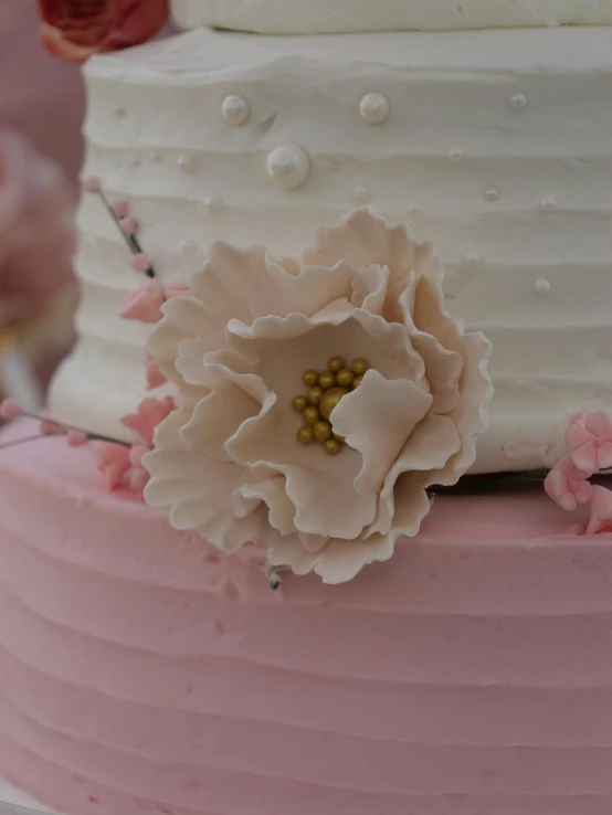 a three layer cake has white frosting flowers on it