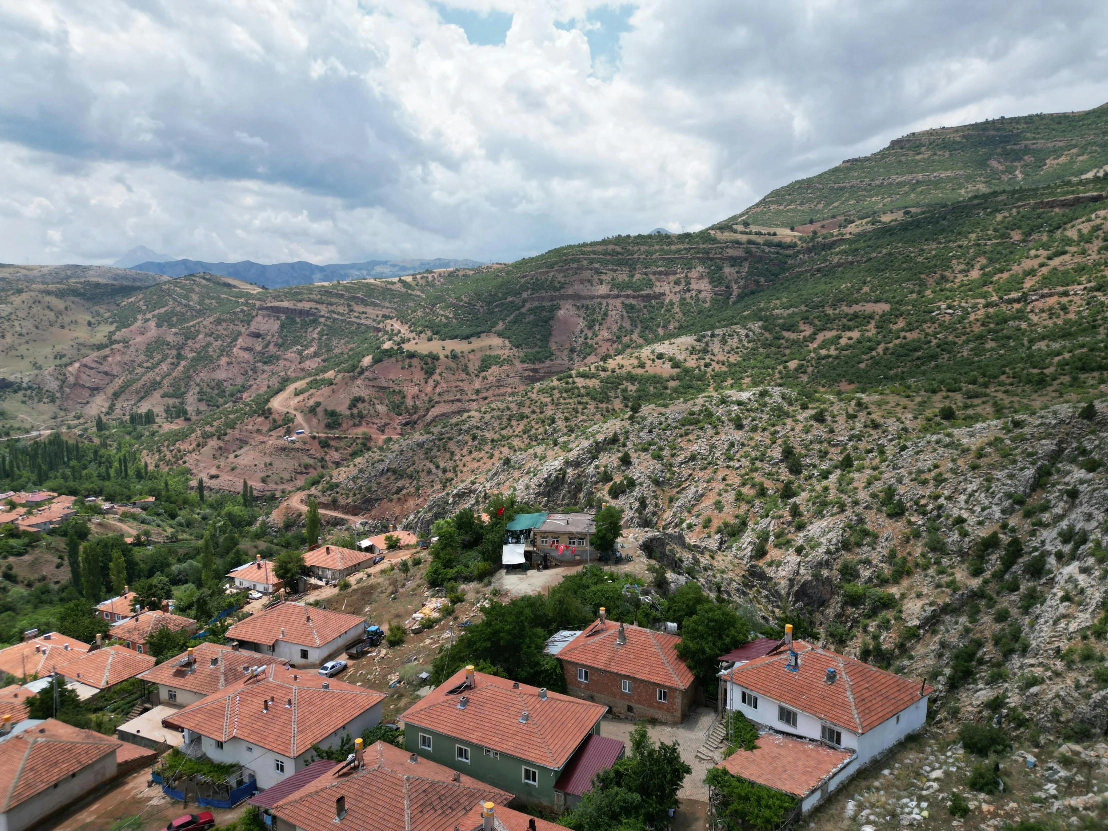 houses surrounded by rocky terrain under a cloudy sky