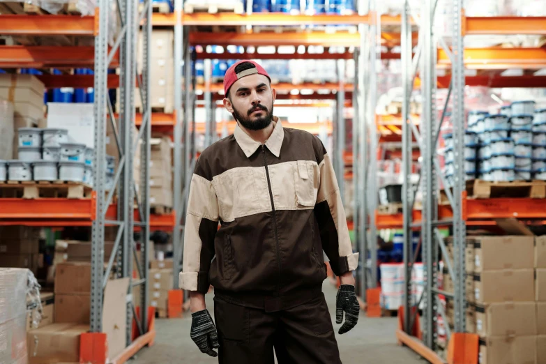 man wearing safety gloves and a hat in a warehouse