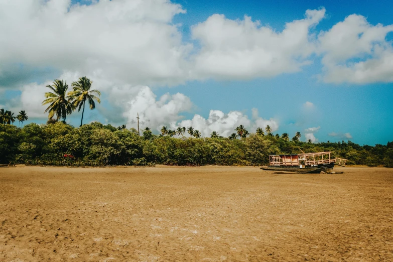 a truck sitting on the sand by some palm trees