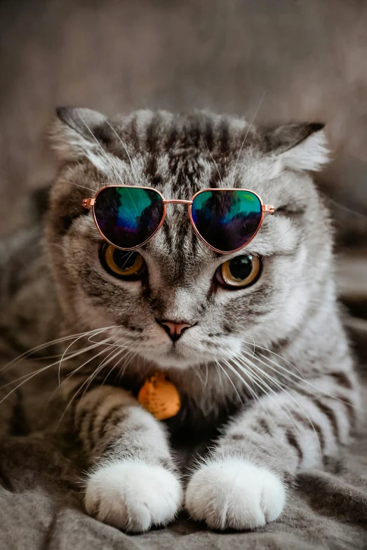 a small gray cat wearing sunglasses sitting on the bed