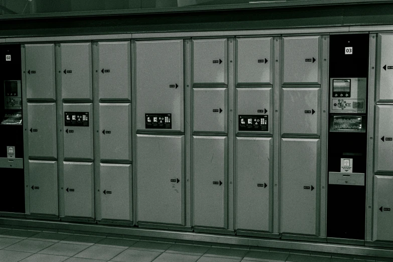 lockers sit on the floor near a building