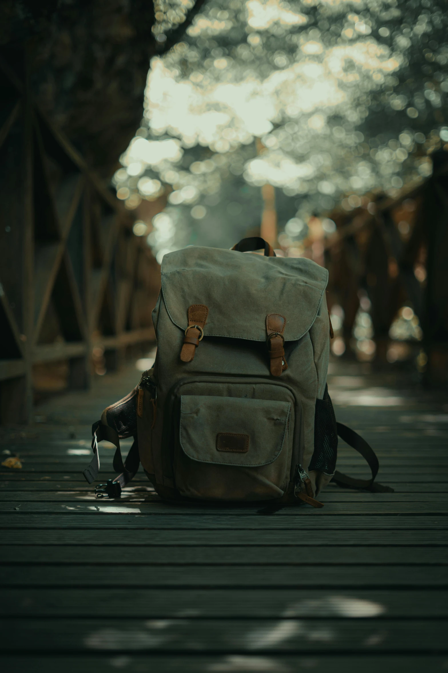 a man with a backpack is standing on the bridge