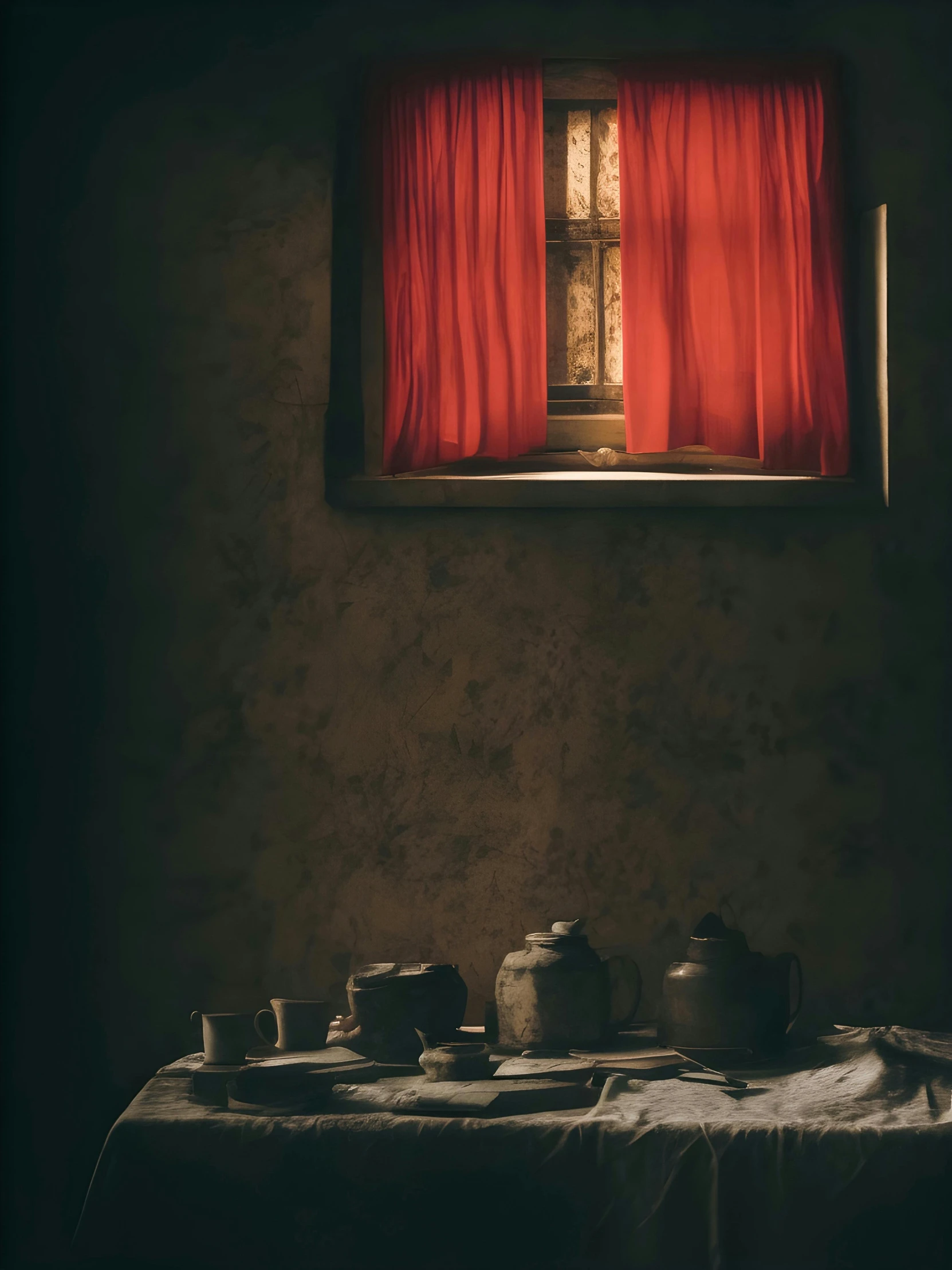 a room filled with furniture and covered in red curtain