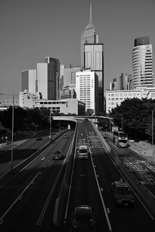 a black and white view of a city street