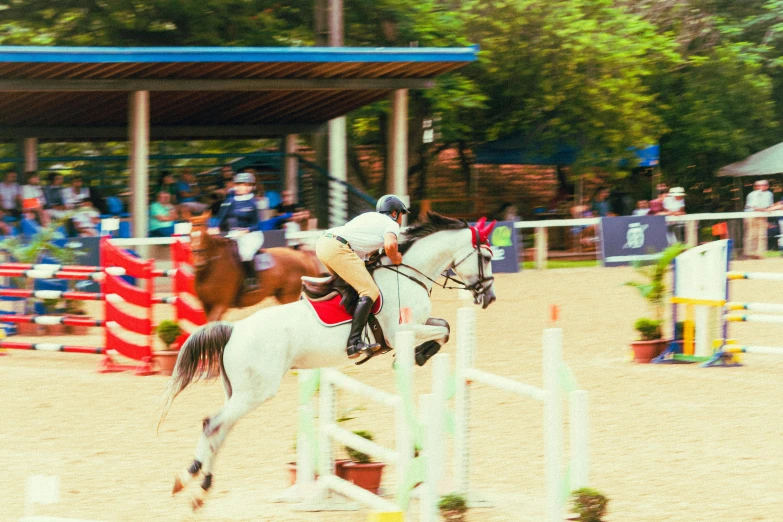 the woman on the horse is jumping over the barrier