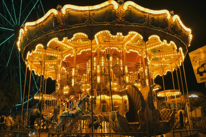 an elaborate merry go round ride with lights