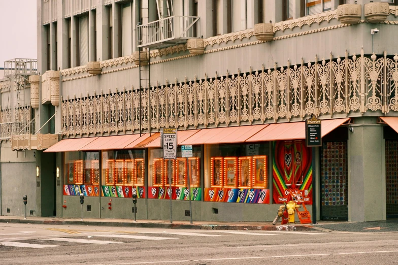 the side of an old fashion store is decorated in decorative, modern art deco