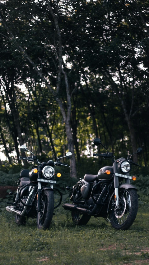 two motor bikes parked next to each other on the grass