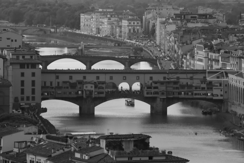 a black and white view of an old city