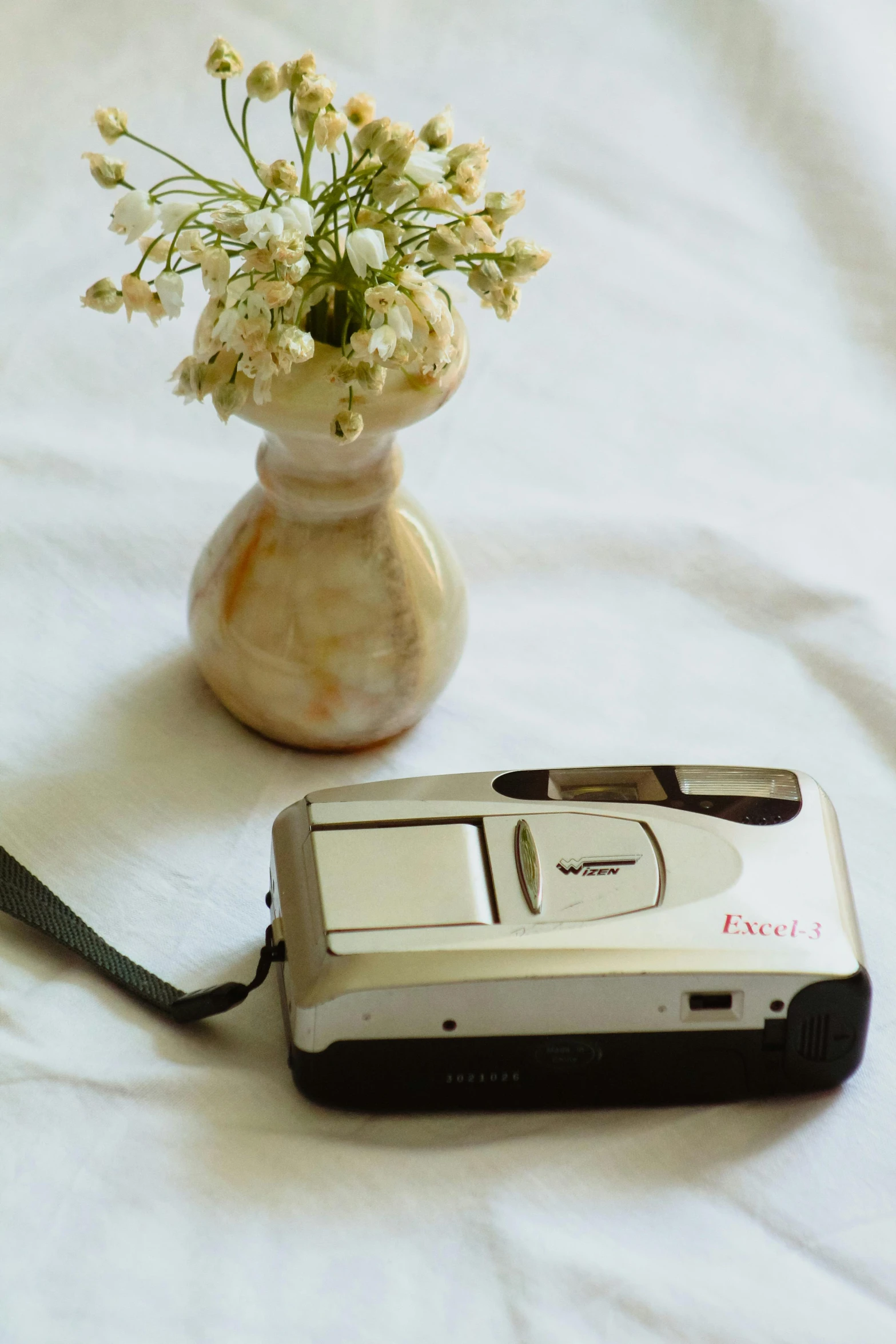 a small camera sitting next to a vase with flowers in it