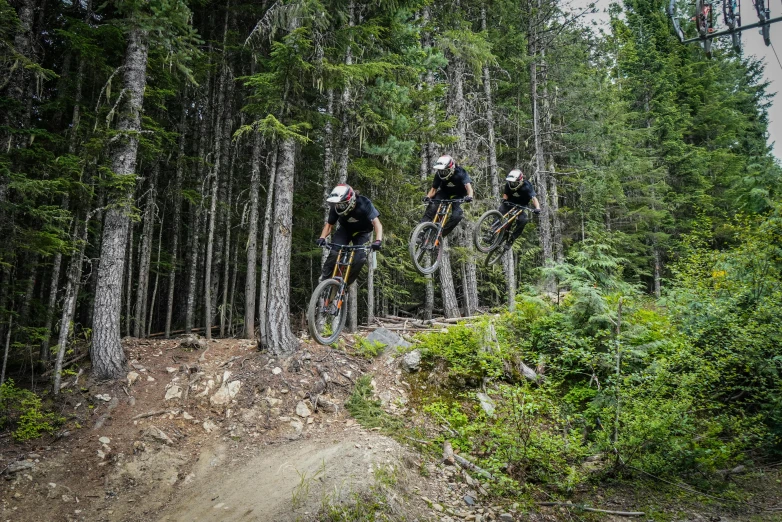 a group of people riding bikes in a forest