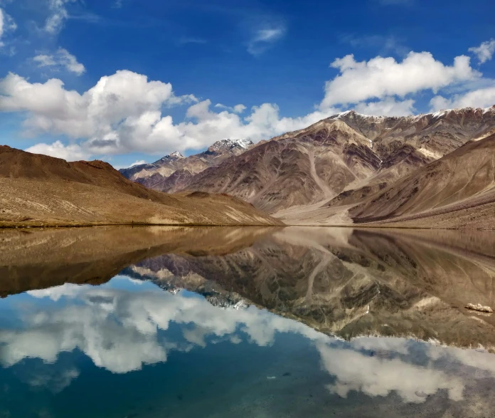 mountain range reflected in the still waters of an alpine lake