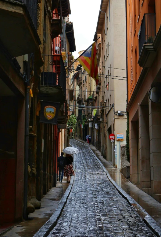 a street with some people walking by in the rain