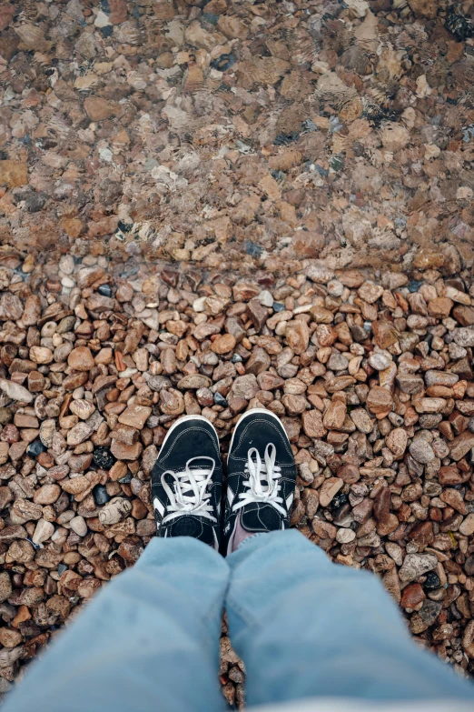 a person wearing black sneakers standing in front of red rocks