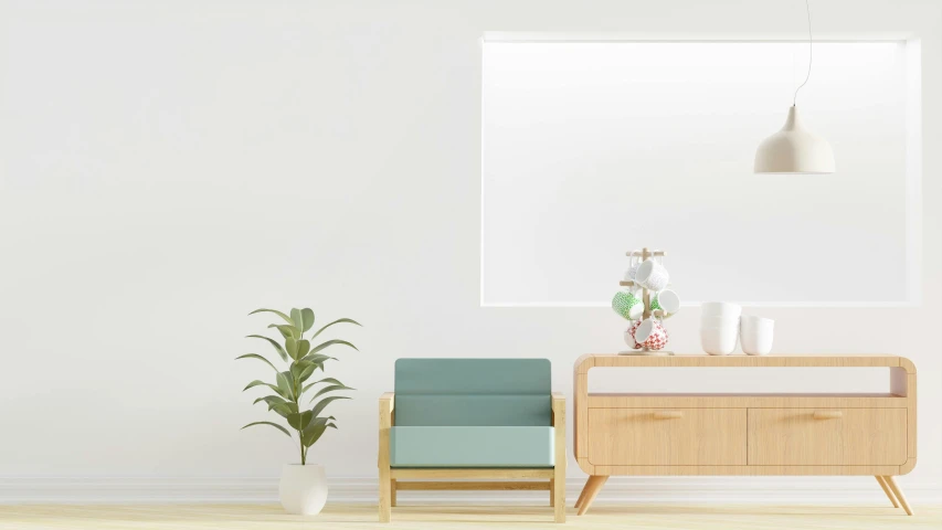 a couple of chairs next to a wooden cabinet