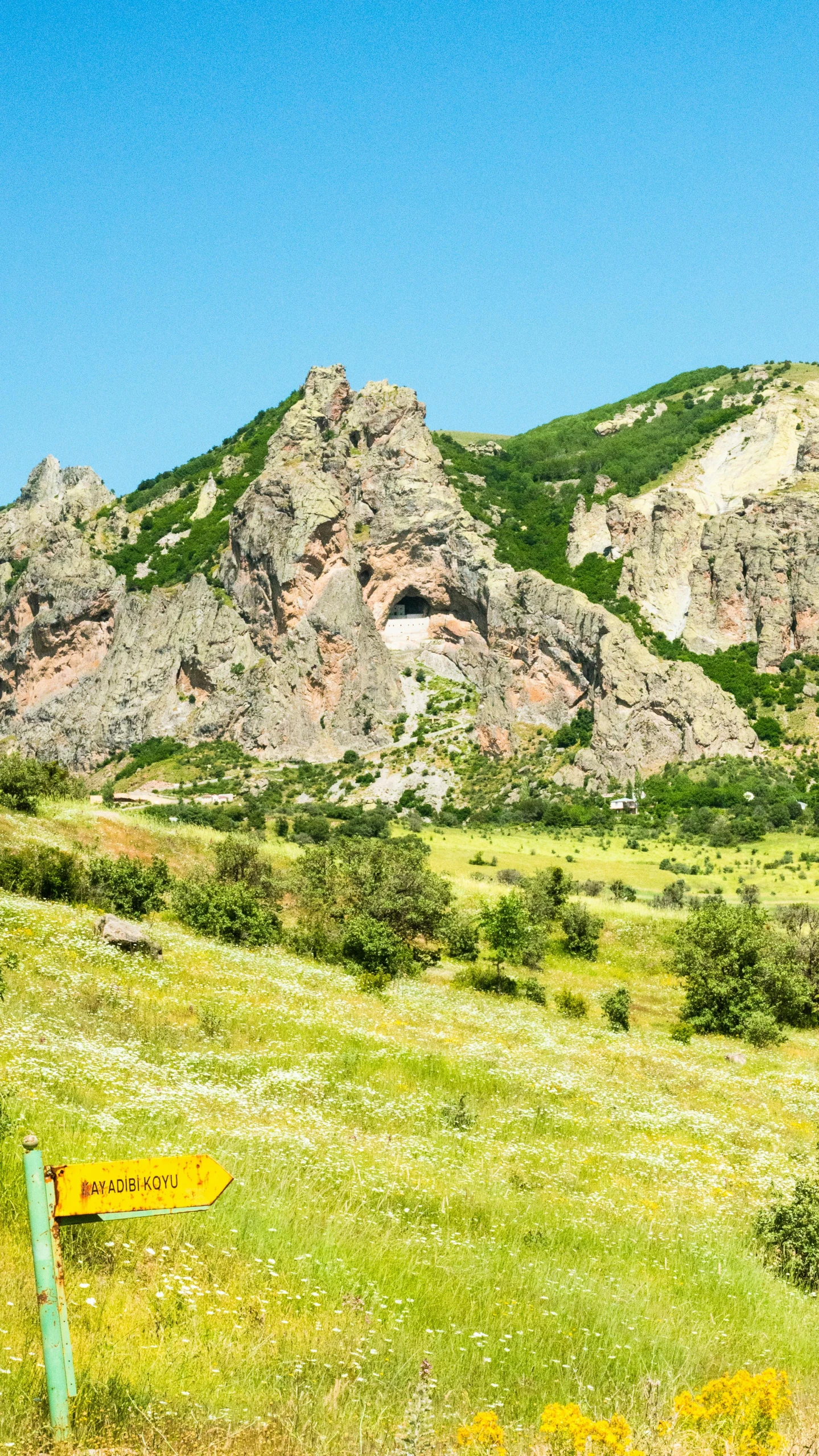 the road is between mountains and a field