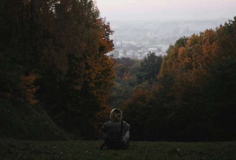 person sitting on a hill gazing at a city