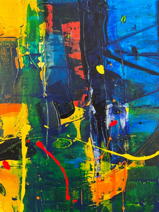 an abstract painting with blue, yellow, red, green and orange colors