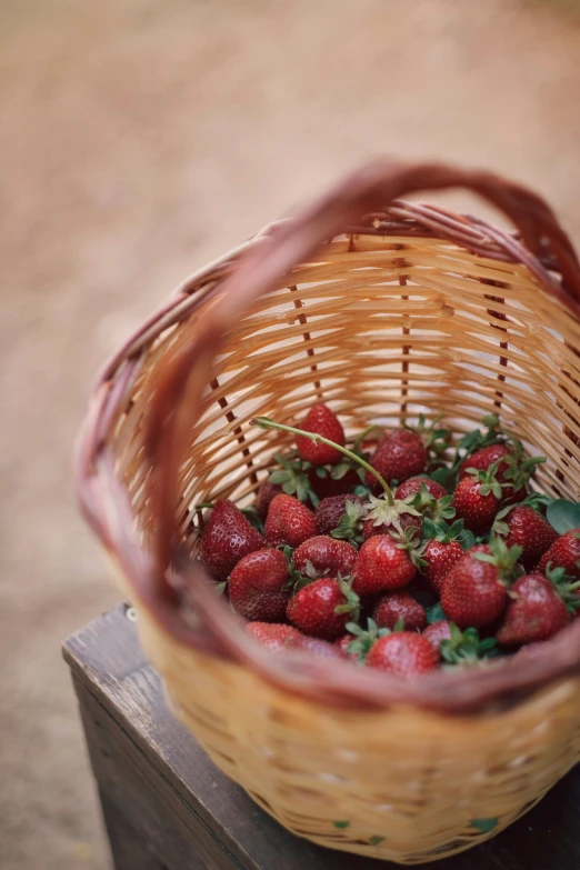 a basket filled with ripe strawberries on a table