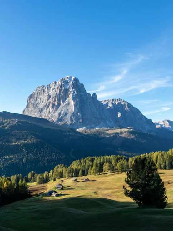 the mountains are majestically towering above green pasture