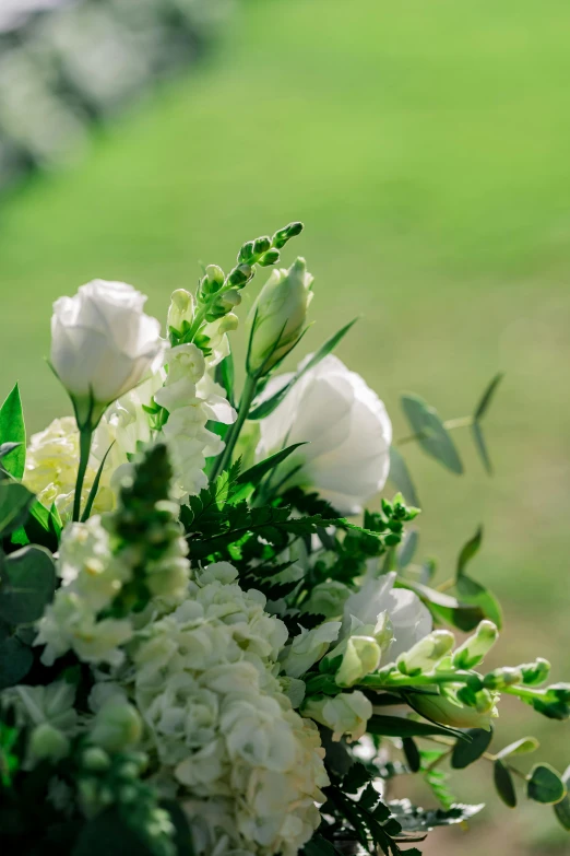 the vase is full of white flowers on green grass