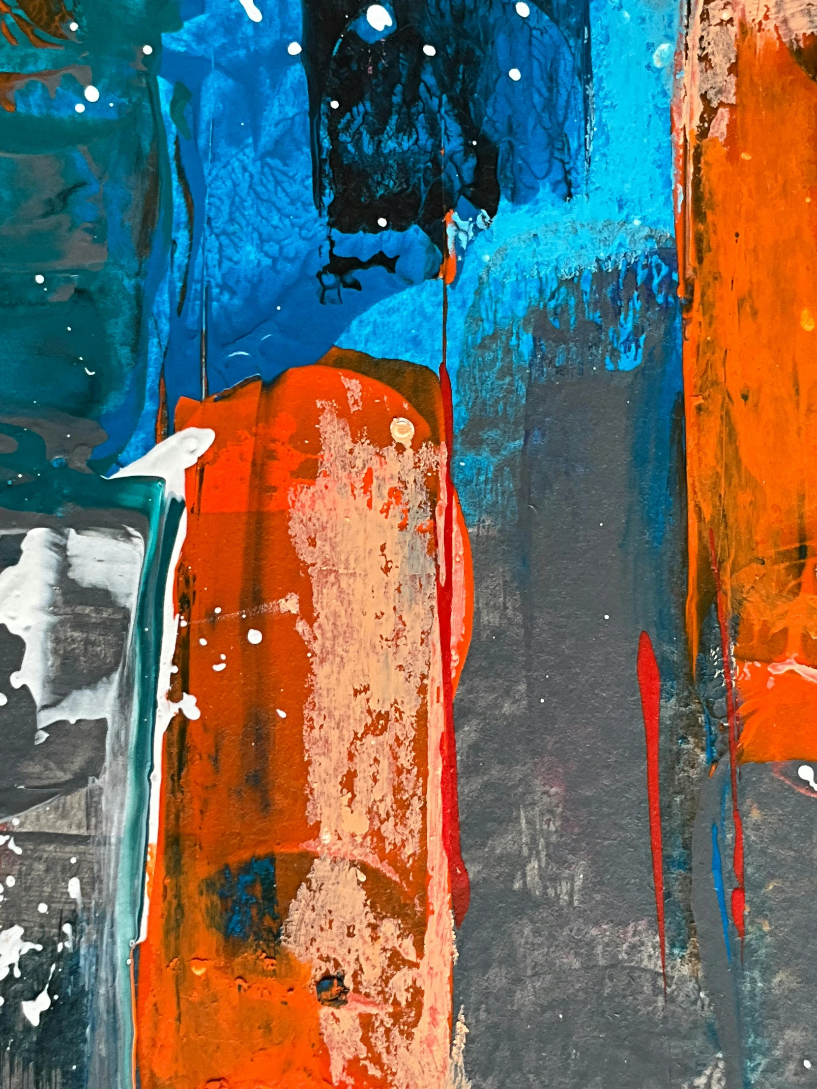 the abstract painting shows the colors orange and blue