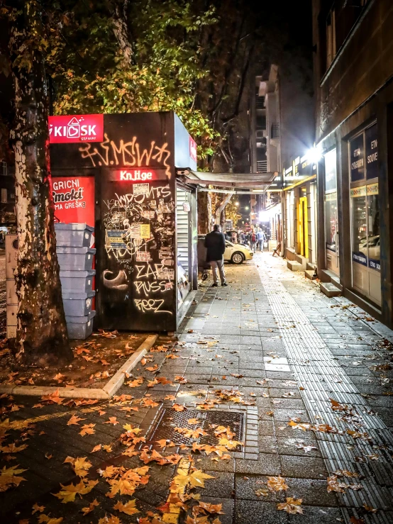 a dark street is empty with many leaves on the ground