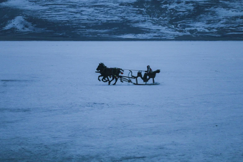 a horse drawn carriage with two people driving down the snow covered mountains