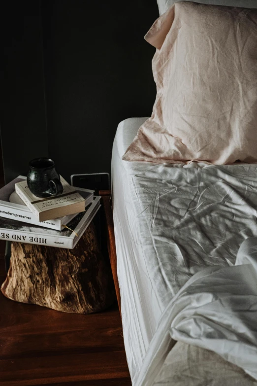 three books sitting on top of a wooden log