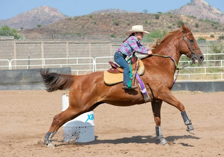 a woman riding a horse with mountains in the background