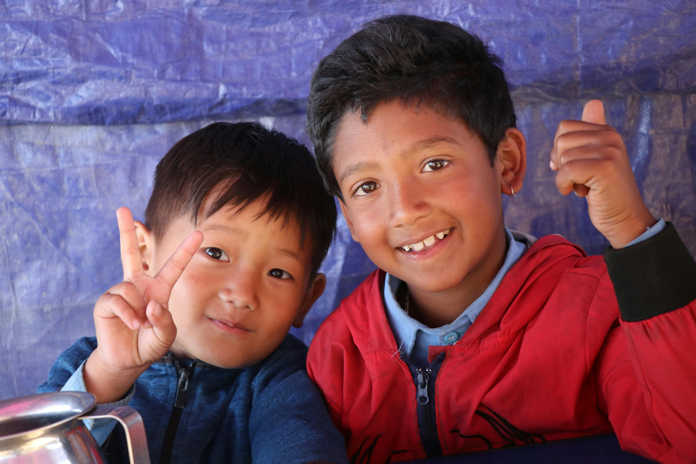 two s smiling and showing the peace signs