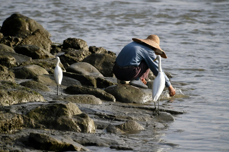 a person sits on a rock next to some water