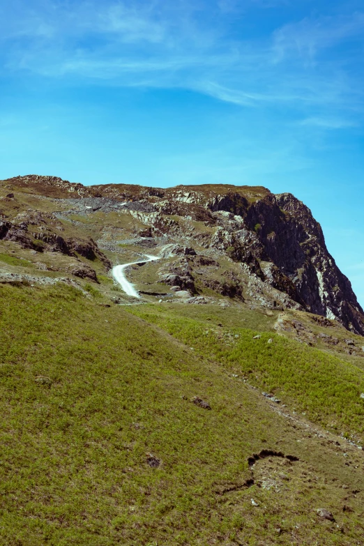 two sheep stand in a field next to a rocky peak